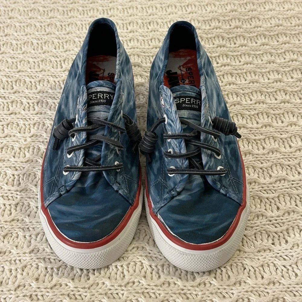Rare Sperry Womens 8.5 JAWS Special Edition Blue Water Boat Shoes MINT Red Sole